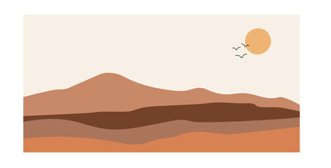 Artistic modern simple vector abstract landscape: mountains (hills), sun and flying birds on a colored background in boho style