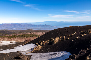 Yellow golden dry grass on brown dark volcanic sand, bare terrain. Scenic view on volcano mount...