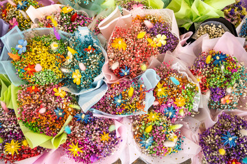 colorful gypsophila flowers in a wholesale flower shop