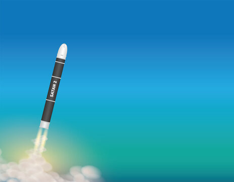 The RS-28 Sarmat ballistic missile launch poster, But the west and USA called satan 2, NATO reporting name: SS-X-29 or SS-X-30, Satan 2 missile launching smoke on sky blue background.