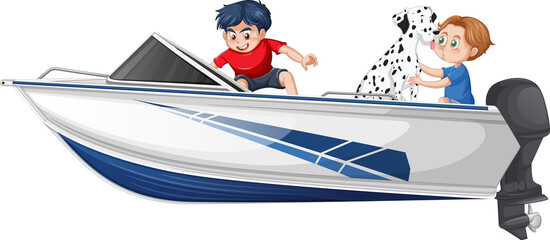 Boy and girl sitting on a speed boat on a white background