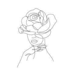 Woman Head of Flowers Line Art Drawing. Flower Head Line Drawing Minimalist Illustration. Female Line Art, Wall Art Sketch Woman, Illustration. Vector EPS 10