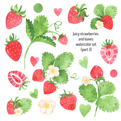 Juicy strawberry watercolor set. Bright red berries and green leaves, flowers. Summer illustration. For packages, cards, logo. Sweet bright berries. Isolated on white.