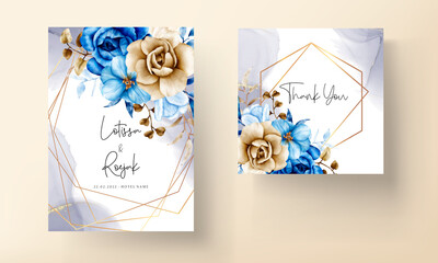Watercolor wedding invitation template with blue and brown floral