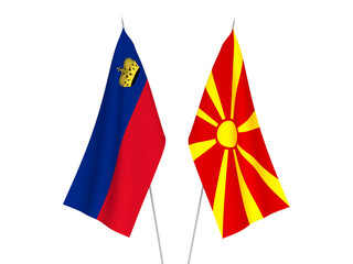 National fabric flags of North Macedonia and Liechtenstein isolated on white background. 3d rendering illustration.