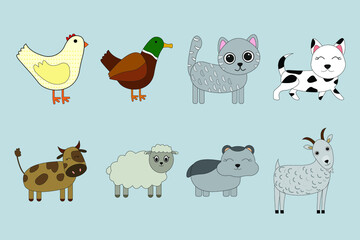 Cute cartoon pets. Set of dog, cat, cow, sheep, chicken, duck, goat, hamster