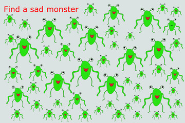 Find the sad monster among the others. Preschool worksheet, worksheet for kids, printable worksheet