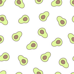 Seamless bright pattern with avocado halves on a white background