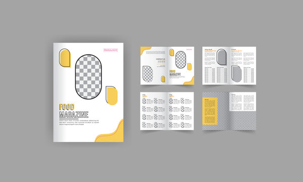 food magazine restaurant menu card design, cooking recipe for fast food, burger or cocktail party, business brochure or corporate brochure template