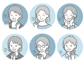 喜ぶ高齢女性の斜め向き丸アイコンセット