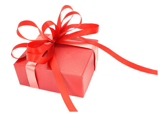 Red gift box with ribbon bow isolated on white background