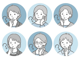 疑問に思う高齢女性の斜め向き丸アイコンセット