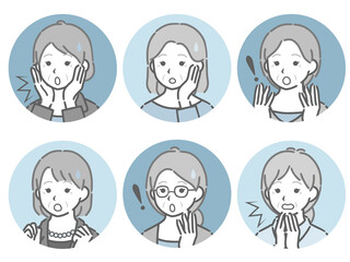 驚く高齢女性の斜め向き丸アイコンセット