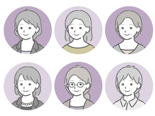 高齢女性の斜め向き丸アイコンセット