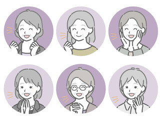 喜ぶ高齢女性の斜め向き丸アイコンセット