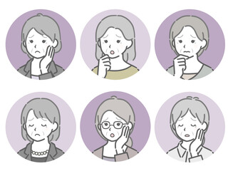 困る高齢女性の斜め向き丸アイコンセット