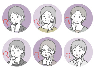 疑問に思う高齢女性の斜め向き丸アイコンセット