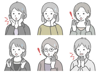 驚く高齢女性の斜め向き上半身セット