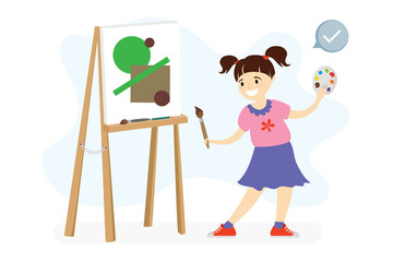 Funny schoolgirl artist stands at easel and draws picture. Cute caucasian kid girl painter is holding brush and palette, process of creating artwork. Art studio. Creative child learning.