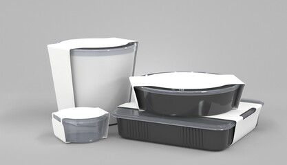 Realistic 3d set plastic disposable food containers with transparent lids and white cardboard labels. Bucket for ice cream or mayonnaise, clear jar for sauce, black square sushi box, mockup round pack