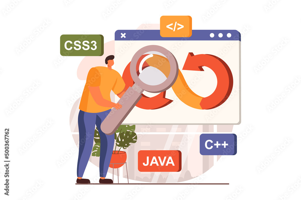 Poster devops web concept in flat design. man engineering and programming, doing research, create programs,