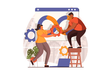 DevOps web concept in flat design. Woman and man settings programs, optimization and administration work processes, teamwork. Development operations practice. Vector illustration with people scene