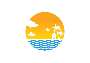 symbol icon sunset with tree palm and sea logo design inspiration.