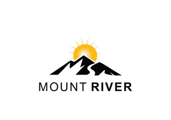 symbol icon mountain river with sunny logo design inspiration.