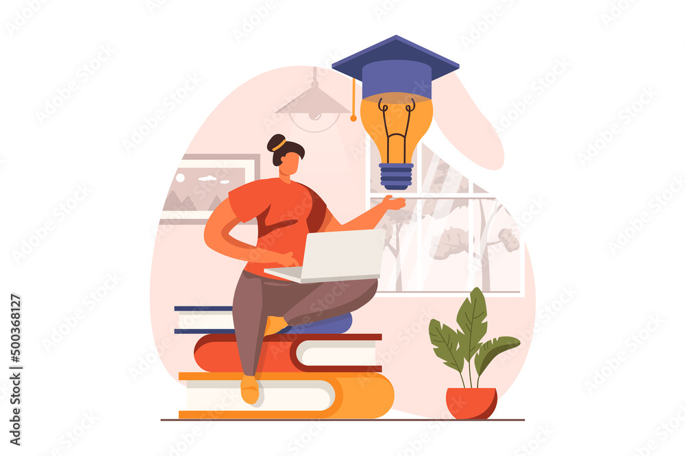 Poster distant learning web concept in flat design. woman studying on laptop, watching video lectures and w