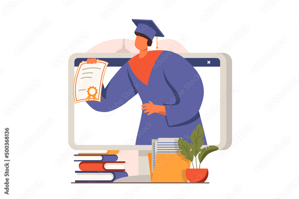 Poster Distant learning web concept in flat design. Man student received diploma certificate and graduates from university or college. Online education and e-learning. Vector illustration with people scene