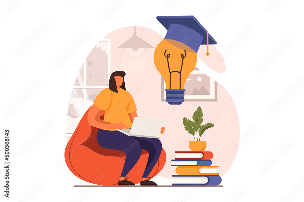 Poster distant learning web concept in flat design. woman student studying and doing homework on laptop, tr