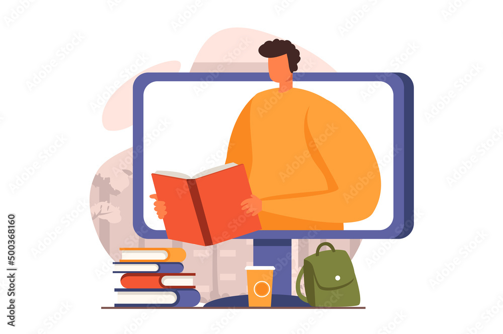 Poster Distant learning web concept in flat design. Student reading e-book and studies on computer, making homework with textbooks. Online education and e-learning. Vector illustration with people scene