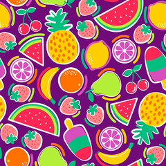 Colorful tropical fruit and popsicle seamless pattern for summer holidays background.