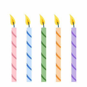 Wax cartoon flat vector happy birthday, anniversary burning with a flame candles set. Party holiday fun decoration for cake.