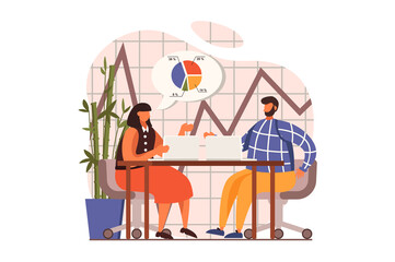 Financial analysis web concept in flat design. Woman and man analyzing data and making research, create strategy at meeting. Audit, investment and accounting. Vector illustration with people scene
