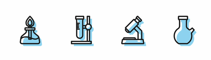 Set line Microscope, Alcohol or spirit burner, Test tube flask on stand and icon. Vector