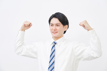 ビジネスマン  力こぶ　白背景