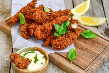 
 Crispy  deep Fried   Chicken strips and wedges potato. Breaded  with cornflakes chicken  Breast Fillets  with chilly peppers and fresh   basil on wooden rustic background