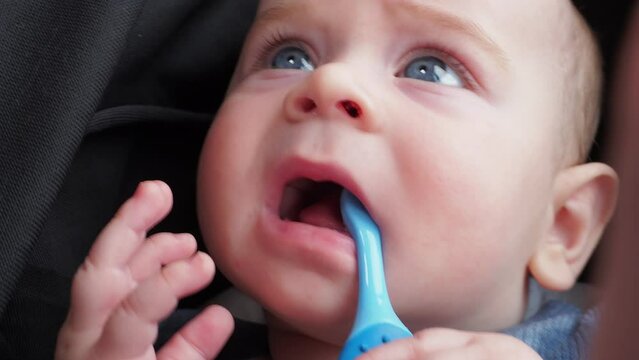 blue toothbrush teether for newborn babies in the baby's mouth holds hands