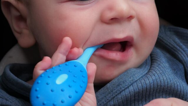 blue toothbrush teether for newborn babies in the baby's mouth holds hands