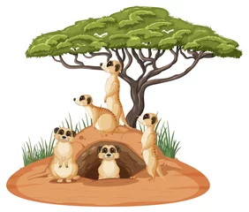 Gruppe von Erdmännchen mit Bau im Cartoon-Stil © blueringmedia