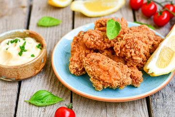 
 Crispy  deep Fried   Chicken strips and wedges potato. Breaded  with cornflakes chicken  Breast Fillets  with chilly peppers and fresh   basil on wooden rustic background