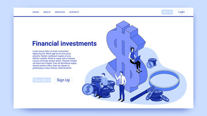 Financial investments.People on the background of a large dollar symbol are engaged in financial payments and analysis of financial activity.An illustration in the style of the landing page is blue.