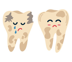 Teeth with caries. Sad cartoon tooth with a disease and a hole. Dental care. For children instructions on brushing teeth, printing and booklets. Vector Hand draw illustration