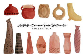 a set of vintage boho ceramic flower vase watercolor illustration