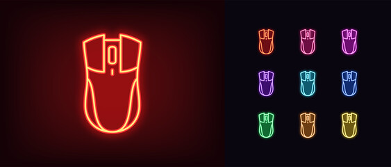 Outline neon gaming mouse icon. Glowing neon wireless computer mouse, game device pictogram. Esports © Дмитрий Майер