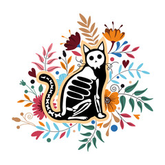 The cat is a skeleton. Celebrating Halloween and Mexican Day of All the Dead. Silhouette of a black cat with bones surrounded by flowers and twigs with leaves. Vector illustration.