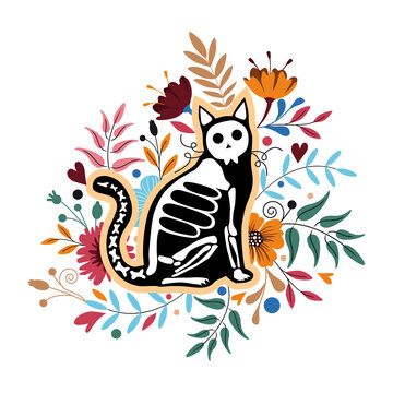 The cat is a skeleton. Celebrating Halloween and Mexican Day of All the Dead. Silhouette of a black cat with bones surrounded by flowers and twigs with leaves. Vector illustration.