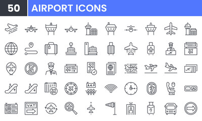 Fototapeta na wymiar Airport vector line icon set. Contains linear outline icons like Plane, Ticket, Baggage, Seat, Wifi, Bag, Departure, Terminal, Passport, Transport, Luggage, Airplane. Editable use and stroke for web