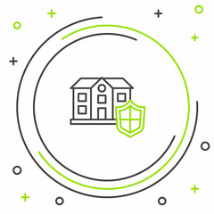 Line House with shield icon isolated on white background. Insurance concept. Security, safety, protection, protect concept. Colorful outline concept. Vector